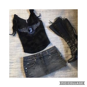 Washed Grey Studded Ultra Mini Jeans Skirt